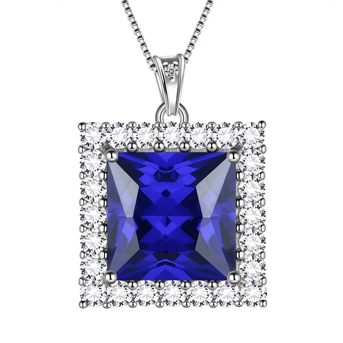 Collar con colgante de zafiro con piedra natal cuadrada, joyería para mujeres y niñas, regalos de cumpleaños, plata de ley