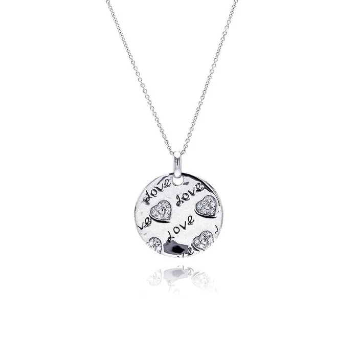 Collar con colgante redondo de corazón de amor con circonitas cúbicas transparentes en plata 925 rodiada – STP00803