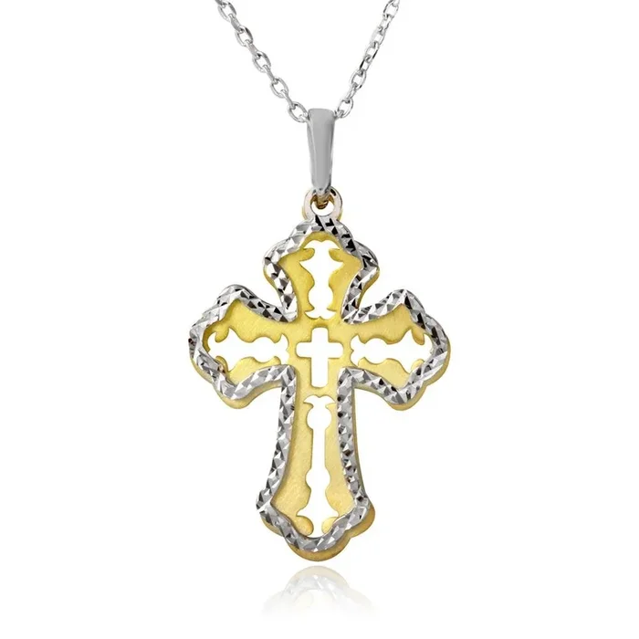 Collar con doble cruz de plata de ley 925 bañada en oro y rodio – SOP00004