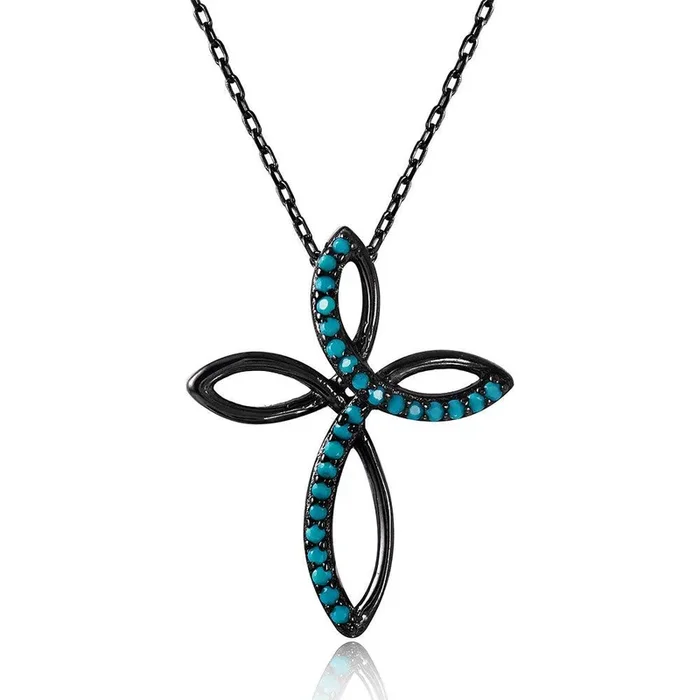 Collar Cruz Abierta Plata 925 Rodiada Negra con Piedras Turquesas Sintéticas – STP01509
