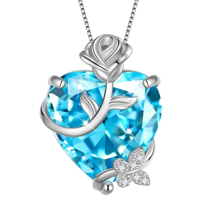Collar de 15 mm para mujer, con colgante de corazón y rosa, piedra natal de marzo, plata de ley 925, mariposa y flor, aguamarina azul. Ideal como regalo para mamá, cumpleaños o San Valentín.