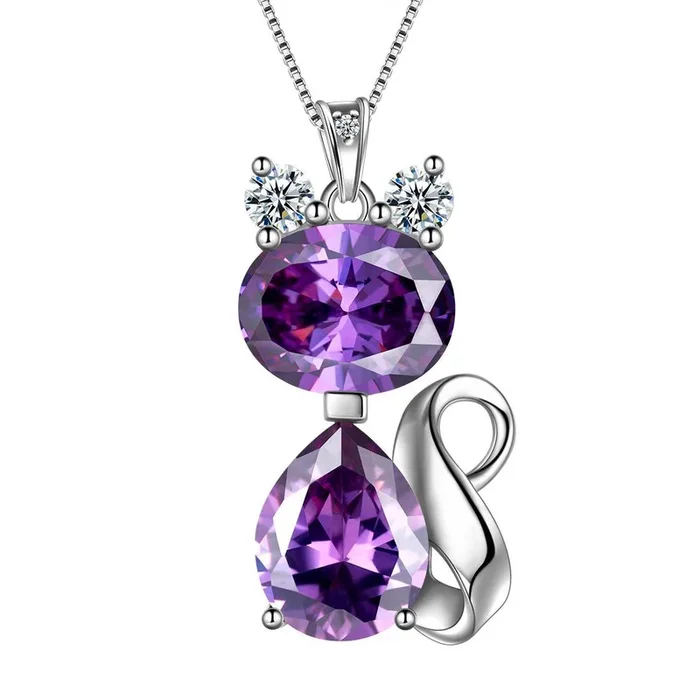 Collar de amatista con piedra natal de gato, joyería para mujeres y niñas, regalo de cumpleaños, plata de ley