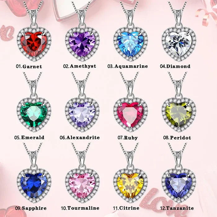Collar de corazón para mujeres y niñas, collar con piedra natal, colgante, joyería, regalos de cumpleaños, plata de ley 925