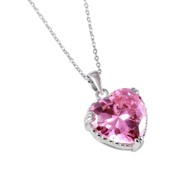 Collar de cuerda con circonita cúbica y corazón rosa chapado en plata 925 – BGP00731PNK