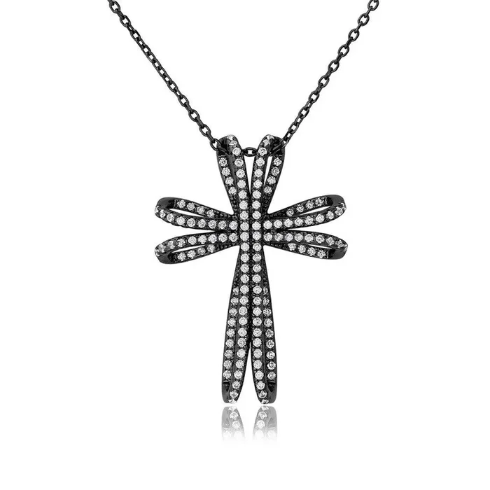 Collar de doble cruz con circonita cúbica chapada en rodio negro de plata 925 – BGP01101
