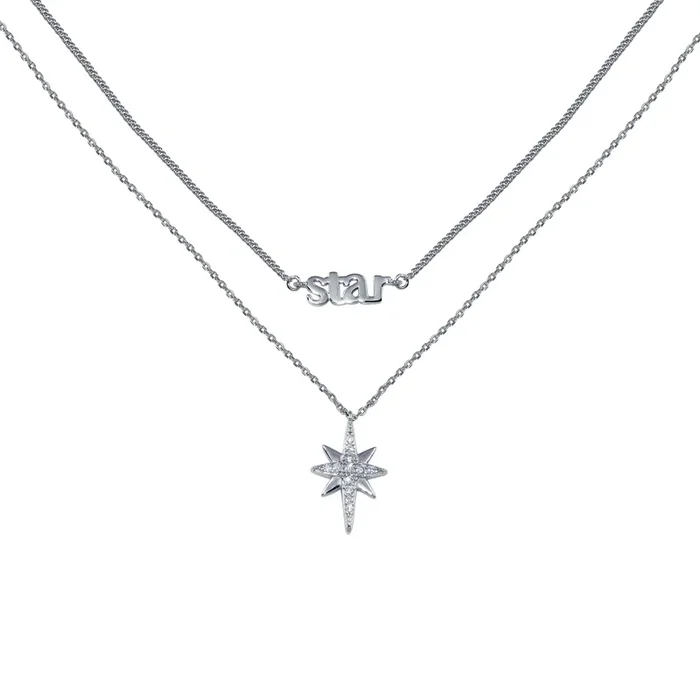 Collar de dos vueltas con circonitas y estrella del norte en plata de ley 925 rodiada – STP01766