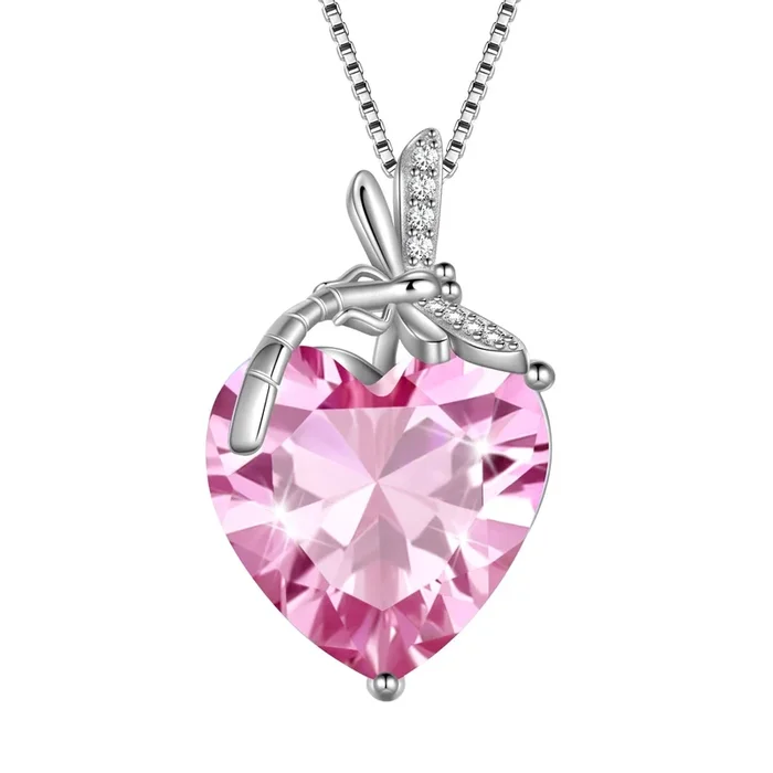 Collar de libélula con corazón, piedra natal de octubre, colgante de turmalina en plata de ley 925, joyería rosa para mujer, regalo de cumpleaños, Navidad o Día de la Madre.