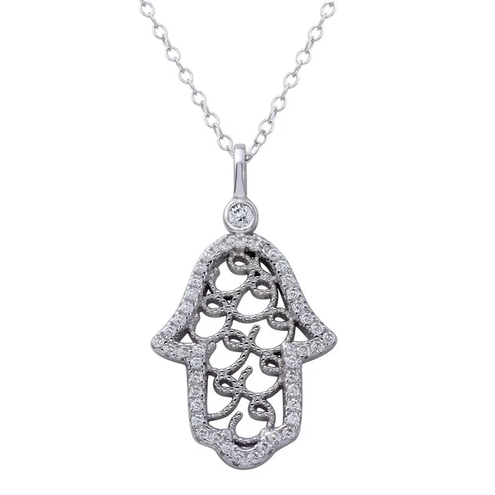 Collar de mano de Fátima con borde de circonitas en plata de ley 925 rodiada – BGP01269