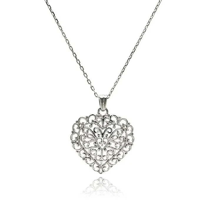 Collar de plata 925 con corazón abierto y circonita cúbica chapada en rodio – BGP00509