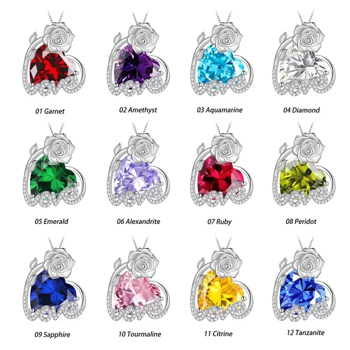 Collar de rosa de 15 mm para mujer, colgante de corazón de amor con piedra de nacimiento de plata de ley 925, joyería, regalo para niñas