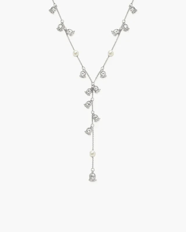 Collar Lariat de perlas con lirio de los valles en plata