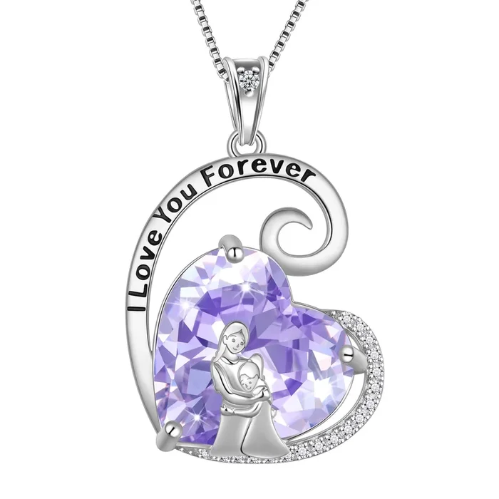 Collar Madre e Hija, Plata de Ley 925, Colgante Corazón Púrpura Alejandrita, Piedra Natal de Junio. Joyería para Mujer. Regalo de Navidad o Día de la Madre.