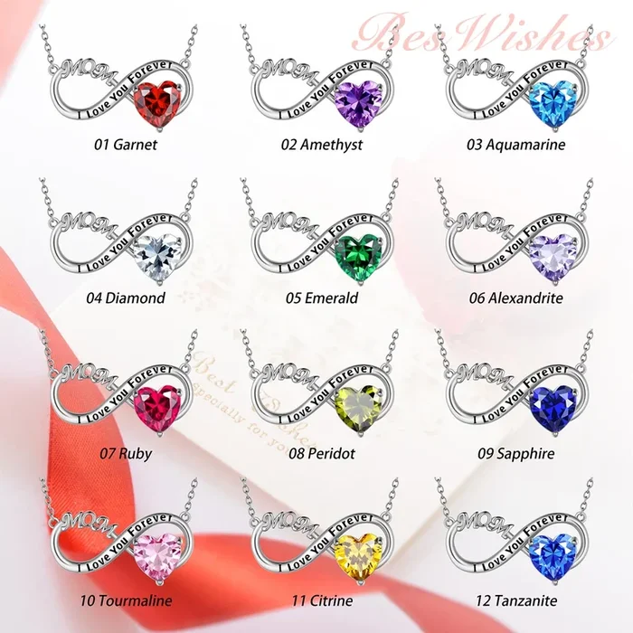 Collar para mamá con colgante de piedra natal de corazón, regalos para el día de la madre, joyería de cumpleaños infinita