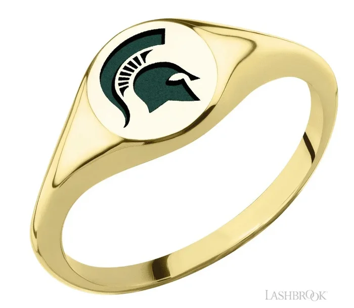 COLLEGIATE COLLECTION MSU 10K Yellow Gold Small Round Signet Ring with Spartan Helmet in Green