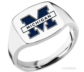 COLLEGIATE COLLECTION U of M 10K White Gold Medium Cushion Signet Ring with Blue Accent
