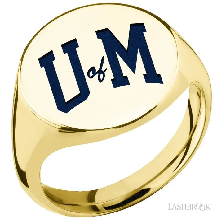 COLLEGIATE COLLECTION U of M 10K Yellow Gold Large Circle Signet Ring with Blue Accent U of M