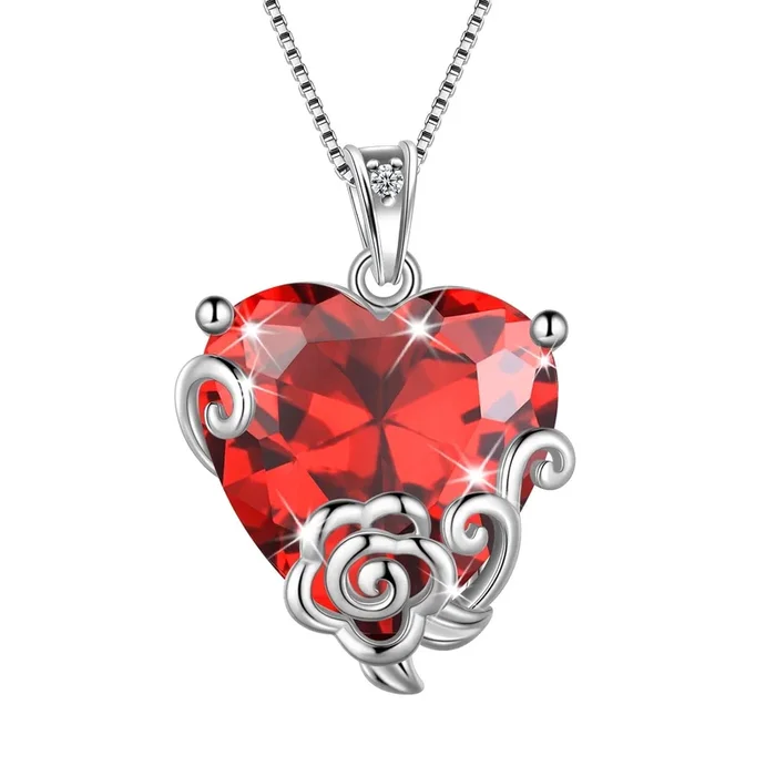 Collier cœur femme, grenat (pierre de naissance de janvier) , pendentif rose rouge en argent sterling 925, cadeau idéal pour une maman, un anniversaire, Noël ou la Saint-Valentin.
