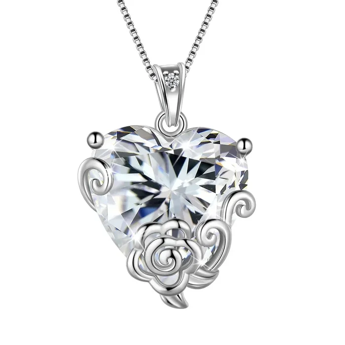 Collier cœur femme, pierre de naissance avril, diamant et cristal, bijou de mariée, argent sterling 925, pendentif rose, cadeau idéal pour maman, anniversaire ou Saint-Valentin
