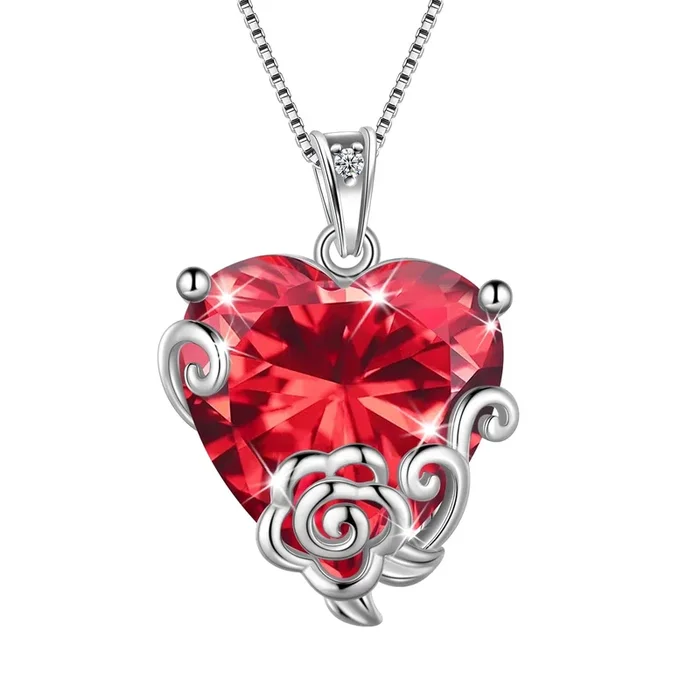 Collier cœur femme, pierre de naissance de juillet, rubis, argent sterling 925, pendentif rose et zircon rouge, cadeau idéal pour l’anniversaire de maman ou la Saint-Valentin.
