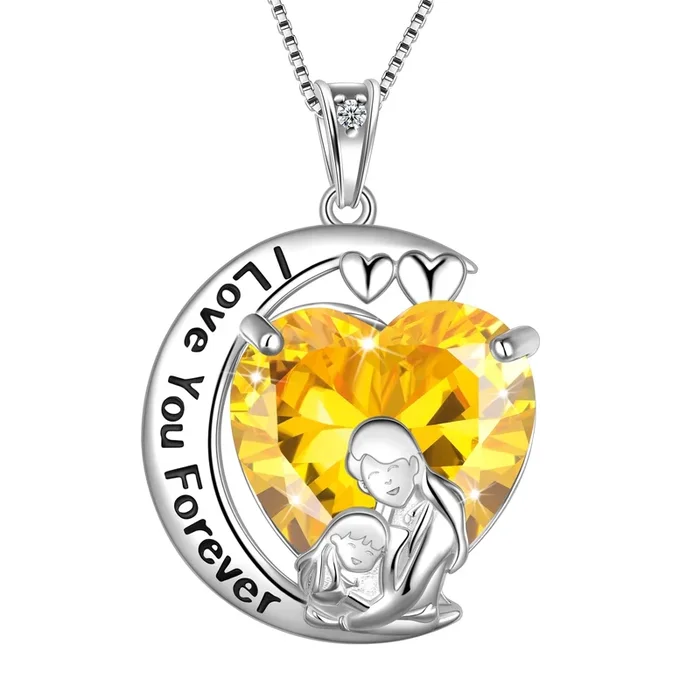 Collier Cœur Lune et Amour Mère et Fille en Argent Sterling 925 avec Pendentif Citrine Jaune, Pierre de Naissance de Novembre, Bijou Femme Maman, Cadeau de Noël ou d’Anniversaire pour sa Fille