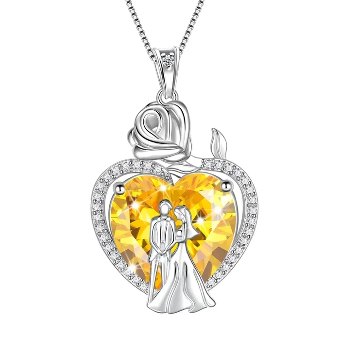 Collier de couple pour femme en argent sterling 925, pendentif cœur de 15 mm avec pierre de naissance de novembre et rose, bijou de promesse et de fiançailles, cadeau idéal pour la Saint-Valentin, pour elle, épouse ou mariée.