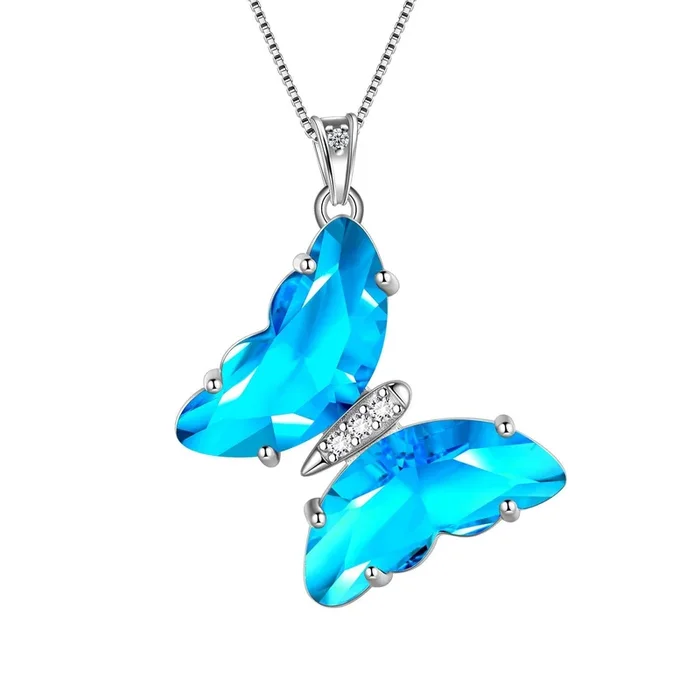 Collier papillon bleu, pendentif aigue-marine de mars, pierre de naissance, bijoux pour femmes et filles, cadeau d’anniversaire