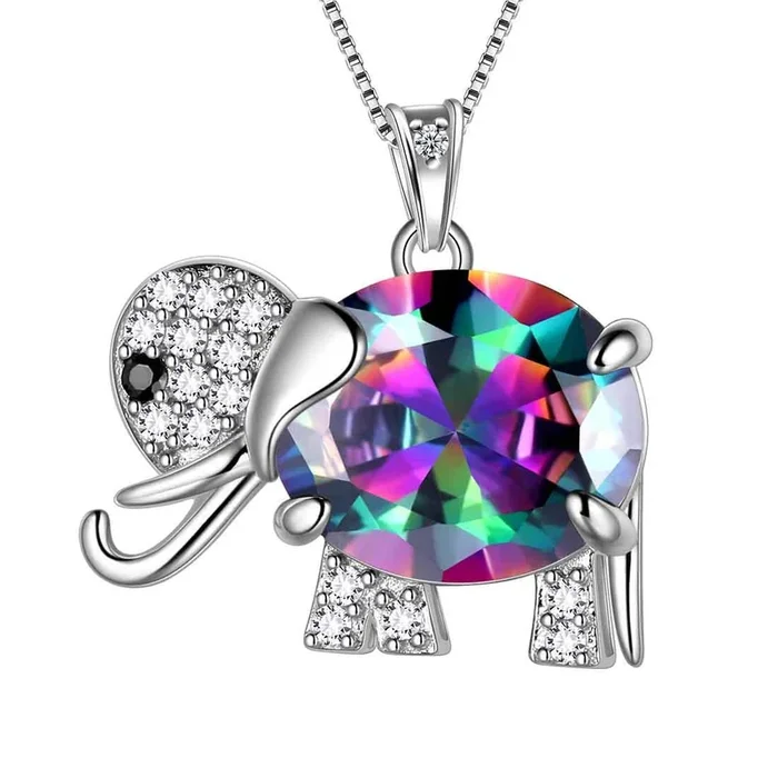 Collier pendentif en topaze mystique éléphant arc-en-ciel, bijoux pour femmes et filles, cadeau d’anniversaire