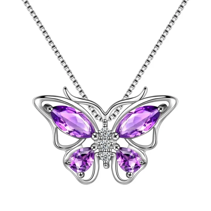 Collier pendentif papillon, pierre de naissance de février, améthyste, bijoux pour femmes et filles, cadeau d’anniversaire