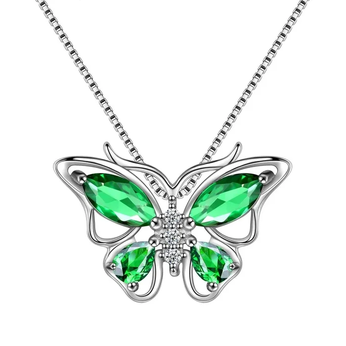 Collier pendentif papillon, pierre de naissance, émeraude de mai, bijoux pour femmes et filles, cadeau d’anniversaire