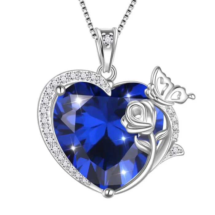 Collier pour femme en forme de cœur, orné d’un pendentif papillon et rose, pierre de naissance de septembre, saphir bleu, bijou en argent sterling 925, cadeau idéal pour grand-mère ou fête des mères.