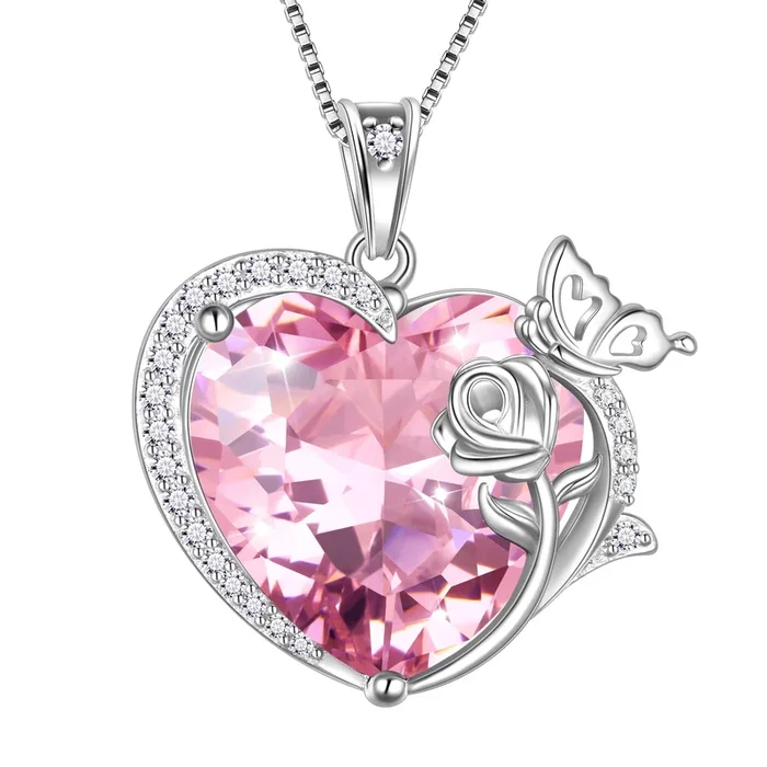 Collier pour femme en forme de cœur, pendentif papillon et rose, pierre de naissance d’octobre, tourmaline rose, bijou en argent sterling 925, cadeau idéal pour une mère, une épouse ou une petite amie (Saint-Valentin) .