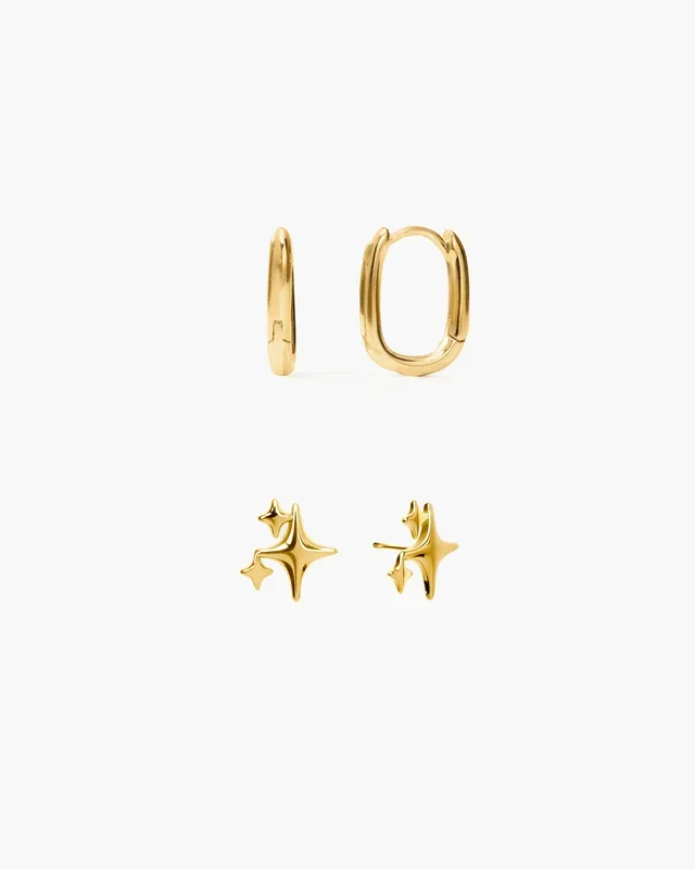 Conjunto apilable de pendientes de botón brillante y aro de enlaces