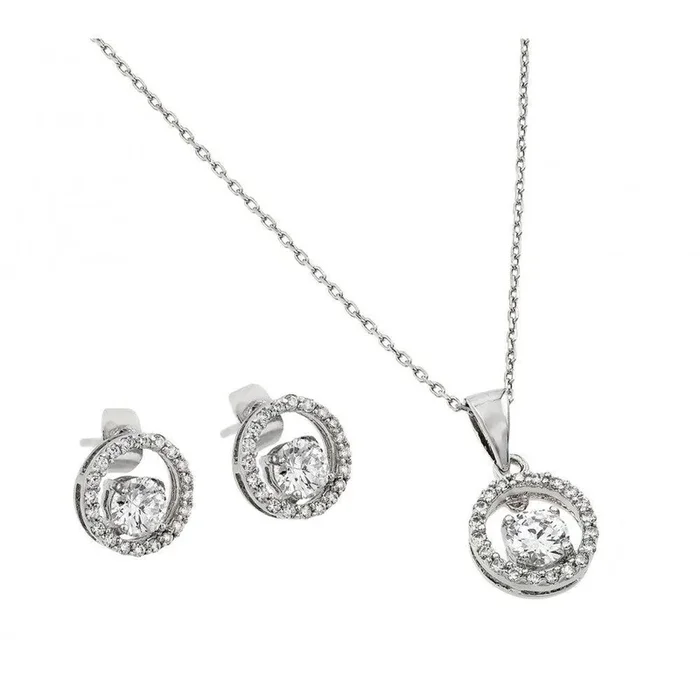 Conjunto de aretes y collar colgante con circonita cúbica abierta, redondo, transparente, chapado en rodio, plata 925 – BGS00377