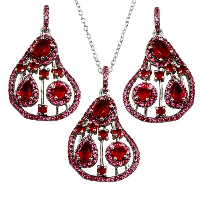 Conjunto de collar y pendientes colgantes en forma de pera de plata de ley 925 rodiada con circonita roja – BGS00570RED
