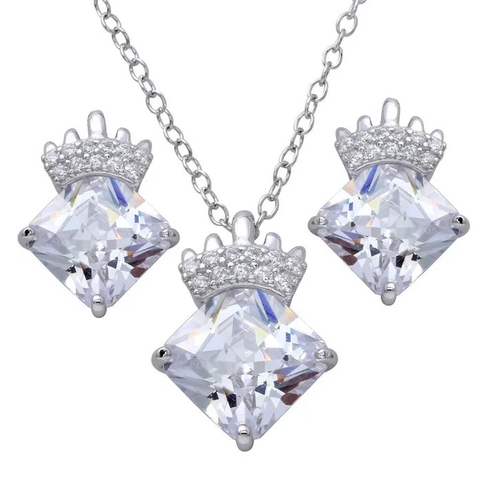 Conjunto de collar y pendientes con colgante de corona y circonita cúbica en plata de ley 925 rodiada – BGS00539