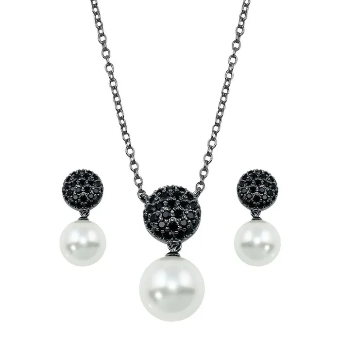 Conjunto de pendientes colgantes de perla negra con circonita cúbica en plata de ley 925 oxidada y baño de rodio – BGS00415
