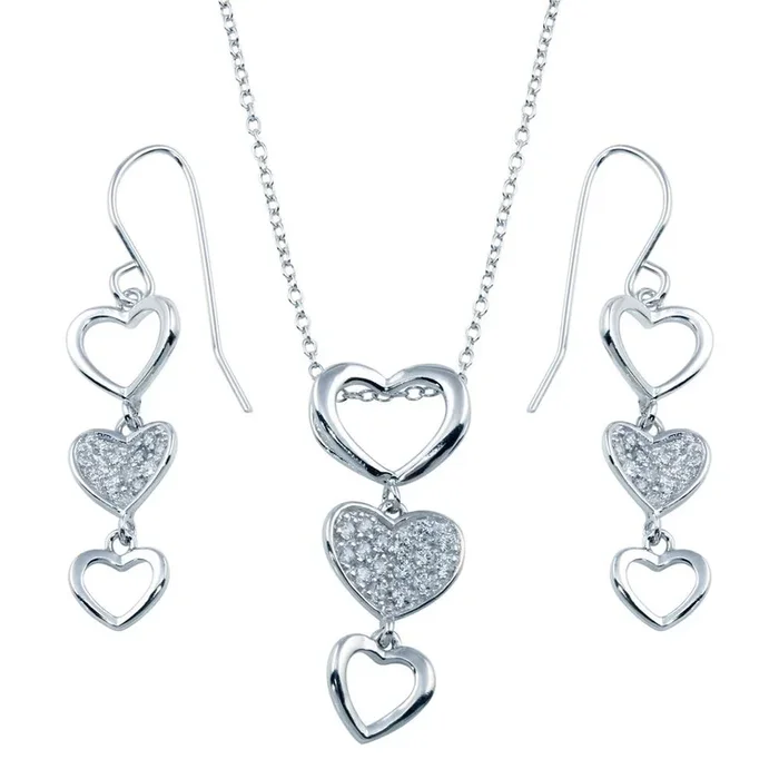 Conjunto de pendientes y collar de gancho con circonitas cúbicas en forma de corazón, abiertos y cerrados, en plata de ley 925 rodiada – STS00103