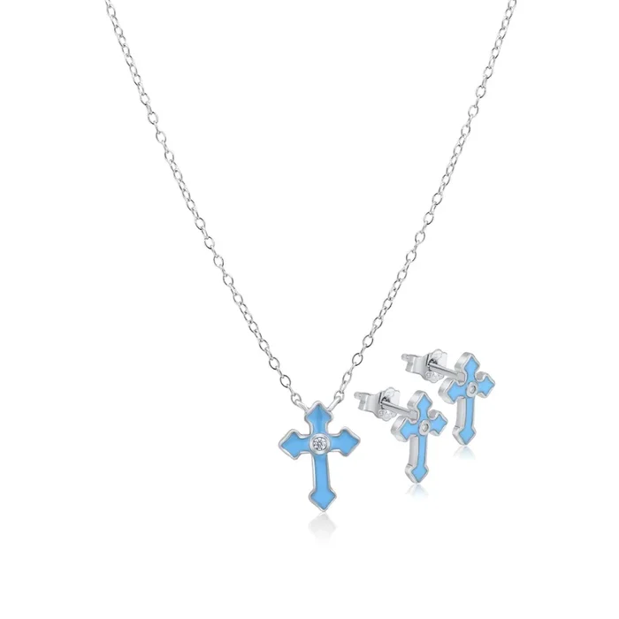 Conjunto de piedra central de circonita cúbica con esmalte azul en plata de ley 925 rodiada – STS00551