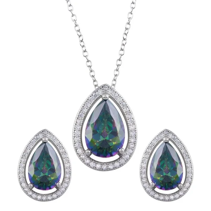 Conjunto de topacio místico sintético con circonitas cúbicas en forma de lágrima y halo de plata de ley 925 rodiada – BGS00580
