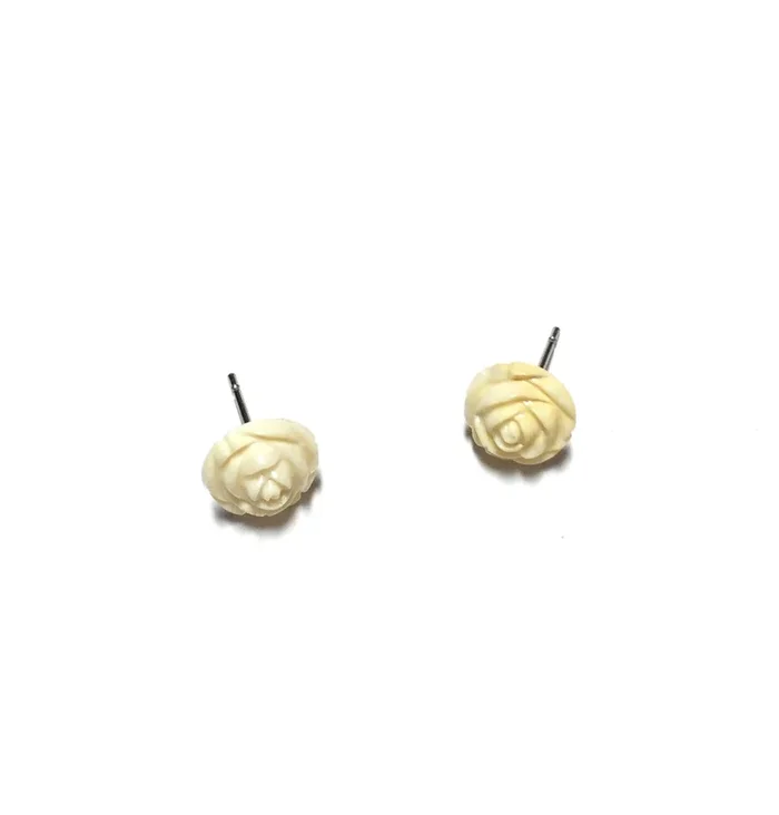 Cream White Carved Rose Stud Earrings