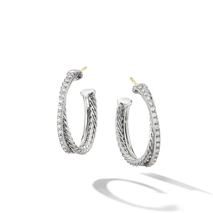 Crossover Hoop Earrings in Sterling Silver with Diamonds, 26.5mm