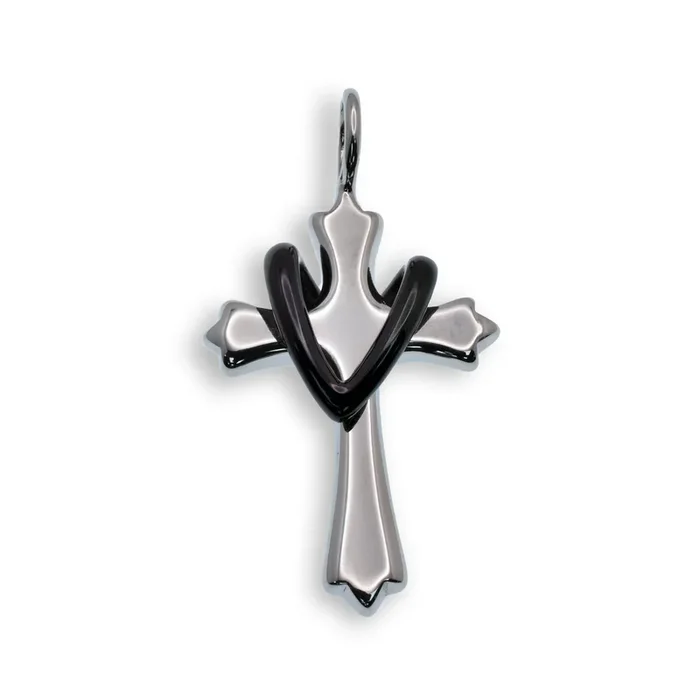 Cruz de acero inoxidable rodiada con colgante de drapeado negro – SSP00481