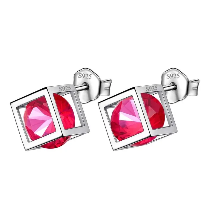 Cubo 3D Birthstone Luglio Rubino Orecchini Stud Donna Ragazza Gioielli Regalo di compleanno Argento sterling