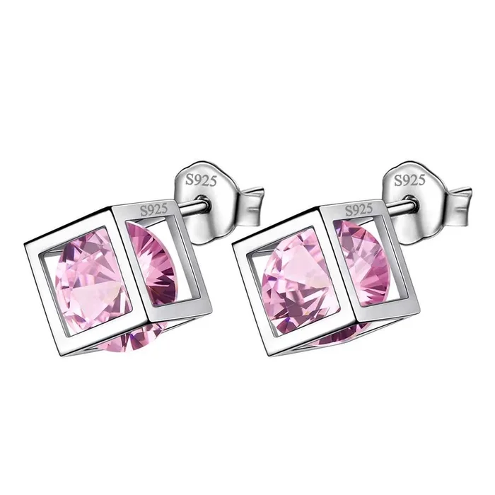 Cubo 3D Birthstone Ottobre Tormalina Orecchini Stud Donne Ragazze Gioielli Regalo di compleanno Argento sterling
