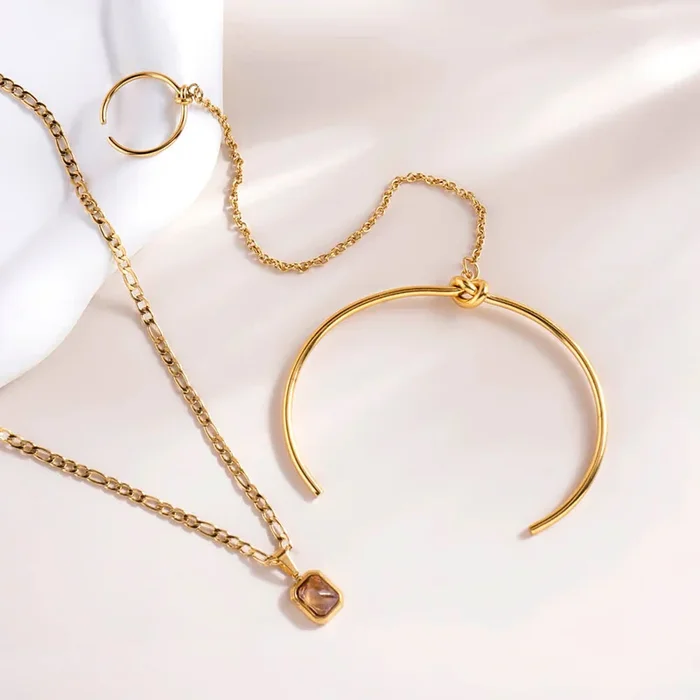 Cuff Bracelet With Ring & Everyday Exquisite Brown Stone Gold Necklace Combo Set
