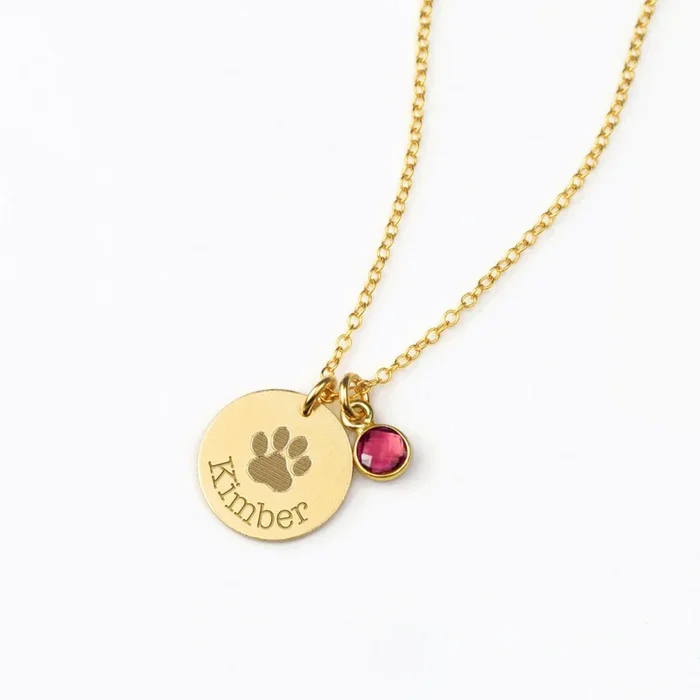 Custom Paw Print Necklace with Birthstone Charm, Sterling Silver or Rose Gold Memorial