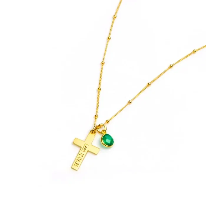 Custom Vertical Cross & Birthstone Pendant Necklace, Sterling Silver or Gold, Dainty Cross Necklace for Women, Confirmation, First Communion Gift