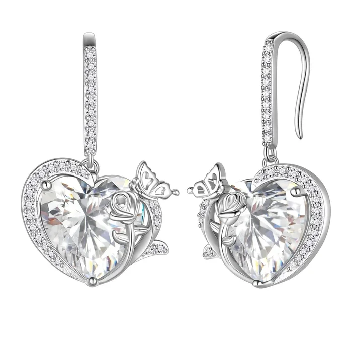 Damen-Ohrhänger mit Geburtsstein April, Herz, Diamant, Zirkonia, Schmetterling, Rose, 925er Sterlingsilber, Haken, Geschenkidee zum Geburtstag, Mutter