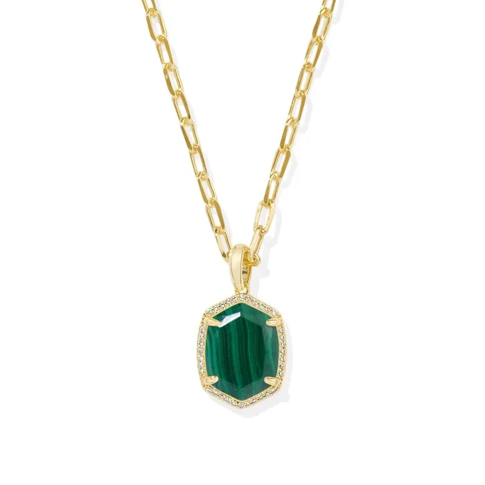 Daphne Pave Frame Short Pendant Necklace in Green Malachite