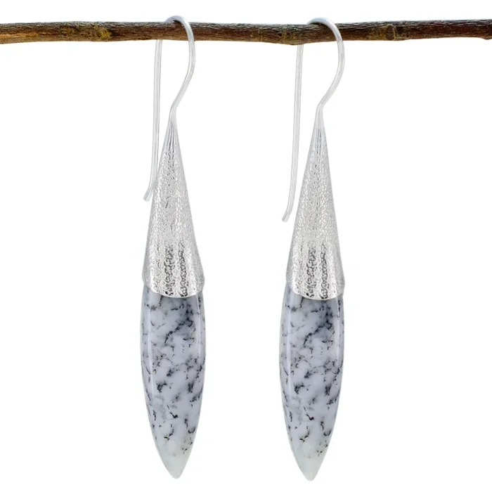 Dendrite Opal Spanish Haruka Solitaire Dangle White 925 Sterling Silver Earring